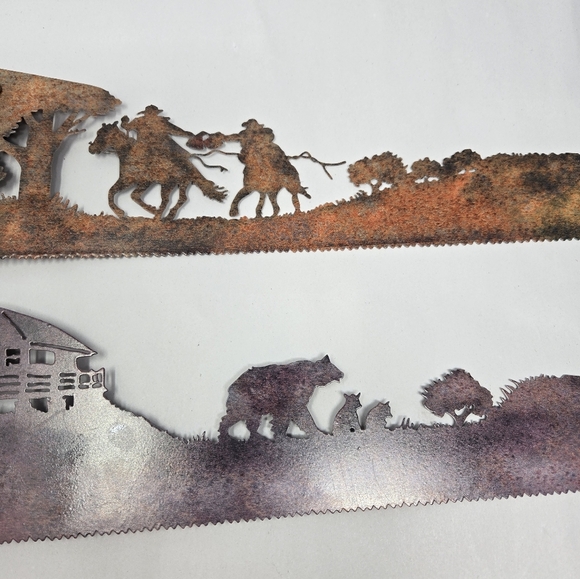 2 Decorative Hand Saws Silhouette Cowboys & Family Of Bears-Cabin Rusted Patina - Picture 8 of 16
